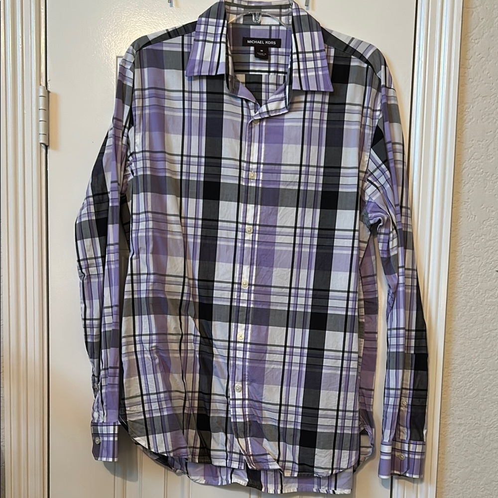 Michael Kors Mens Purple Plaid Button Down Shirt Size Medium